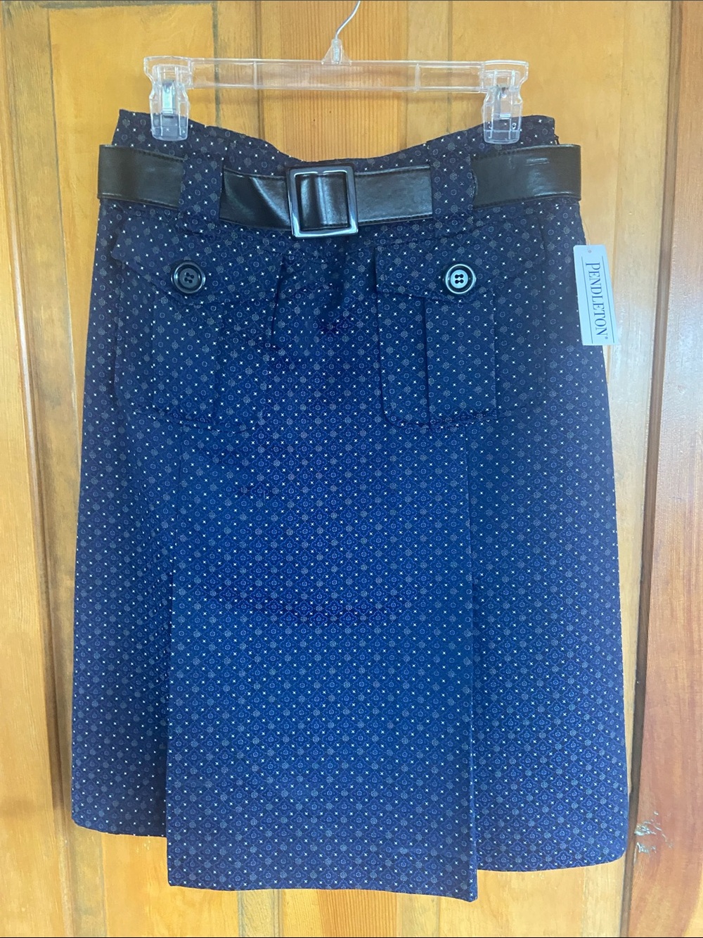 Pendleton Navy Patterned A-Line Skirt with Black Belt